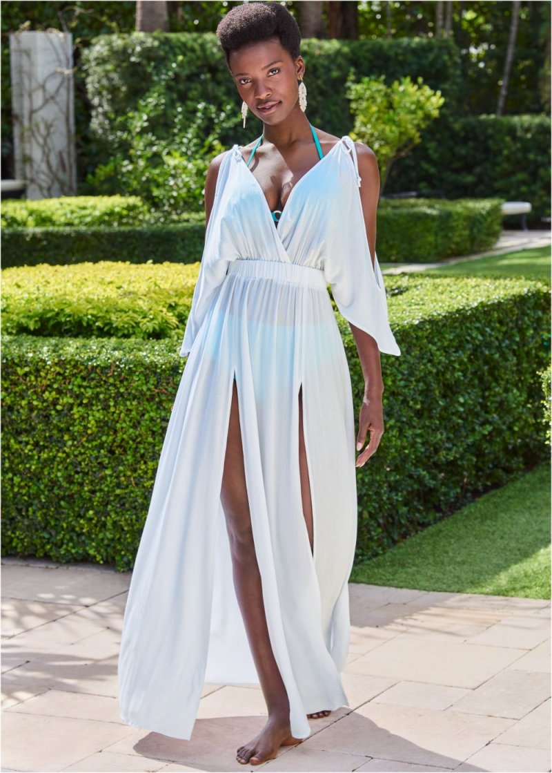 Venus Cold-Shoulder Drape Maxi in Pearl White