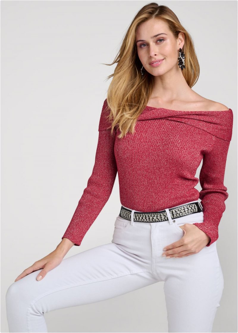 Venus VENUS | Off-The-Shoulder Shimmer Sweater in Red Multi