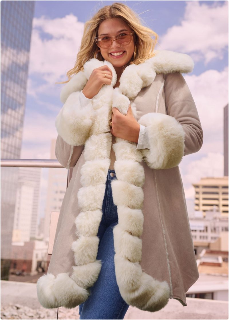 Venus Faux-Suede-And-Fur Coat in Taupe & Off White
