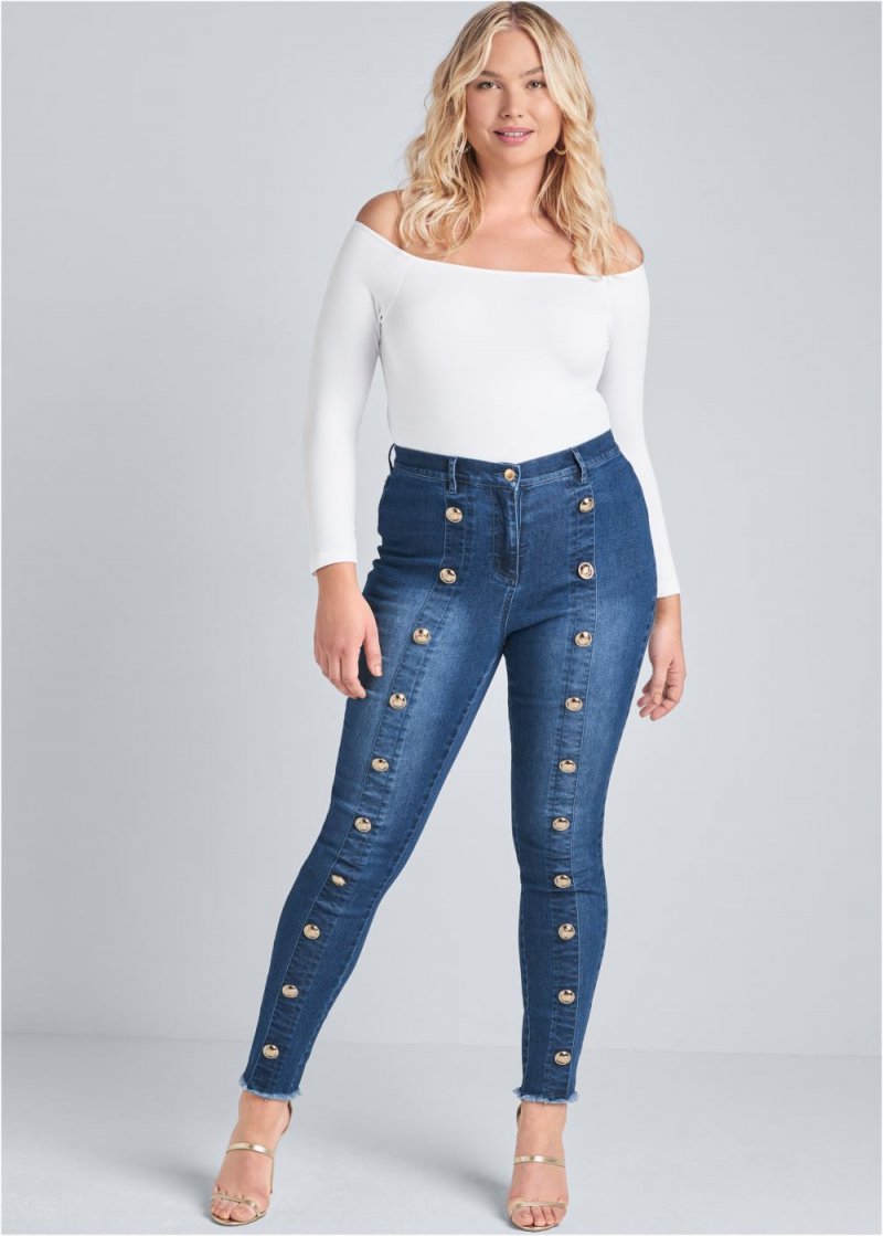 Venus Medium Wash BUTTON DETAIL SKINNY JEANS