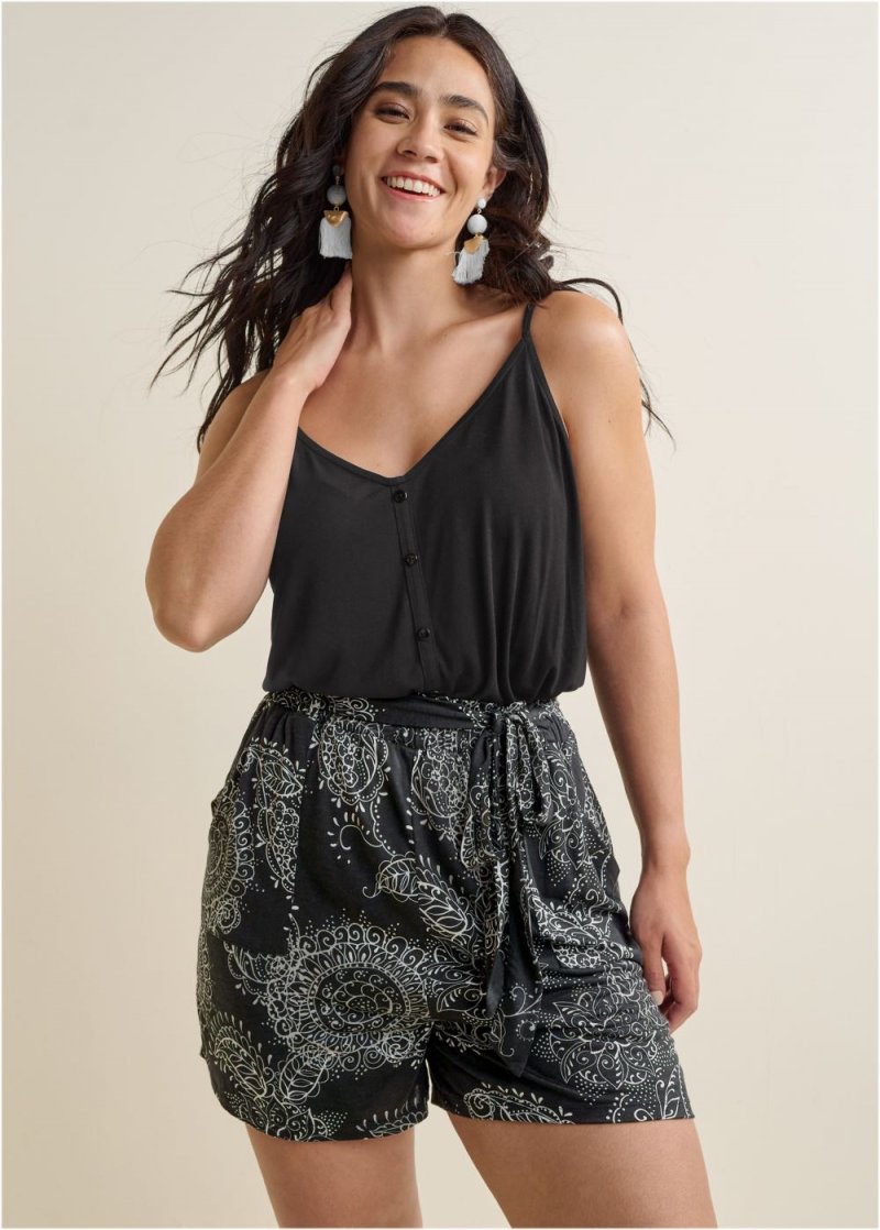 Venus Plus Size Bottom Printed Romper in Black Multi