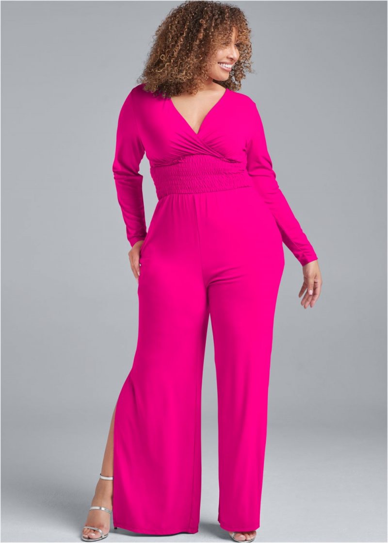 Venus Plus Size Smocked Waist Jumpsuit in Pink