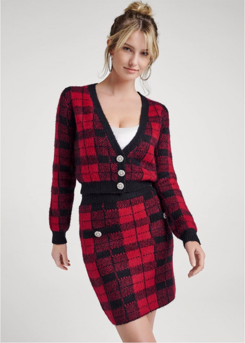 Venus Plaid Sweater And Skirt Set - Black & Red