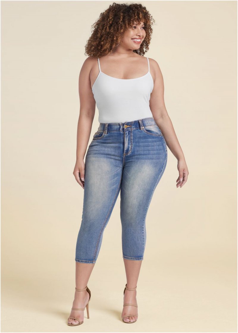 Venus Plus Size Elastic Waistband Jean Capris in Medium Wash