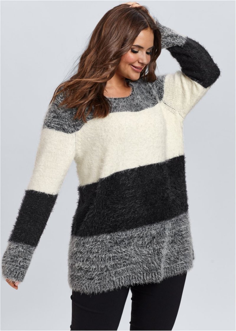 Venus Plus Size Striped Cozy Sweater in Black Multi