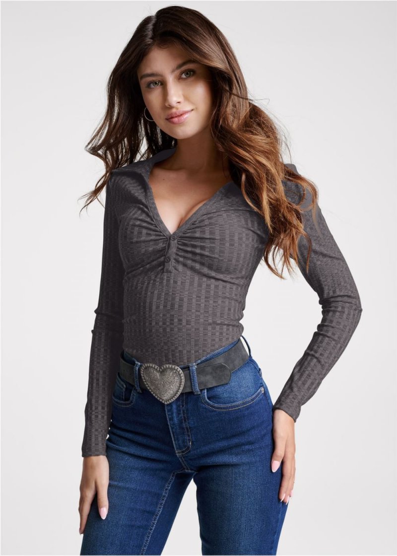 Venus Plunging Collared Bodysuit in Dark Heather Grey