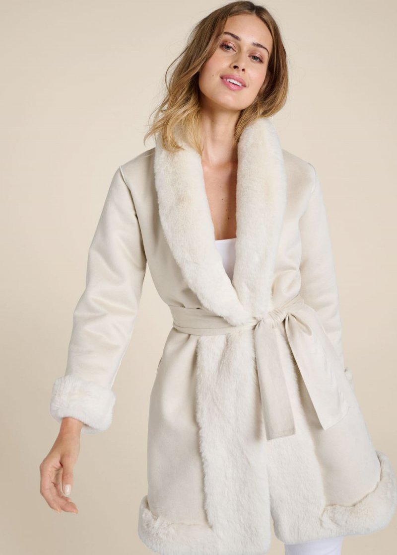 Venus Faux-Fur Trim Coat in Off White