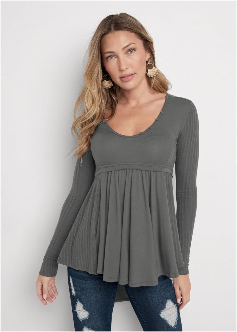 Venus High-Low Ribbed Casual Top in Dark Grey