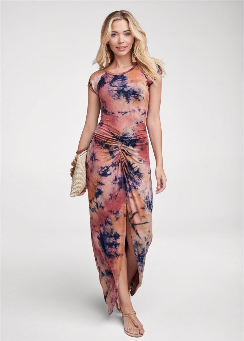 Venus Ruched Tie Dye Maxi Dress - Rust Multi