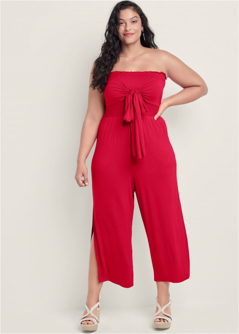 Venus Plus Size Smocked Tie-Front Jumpsuit in Red