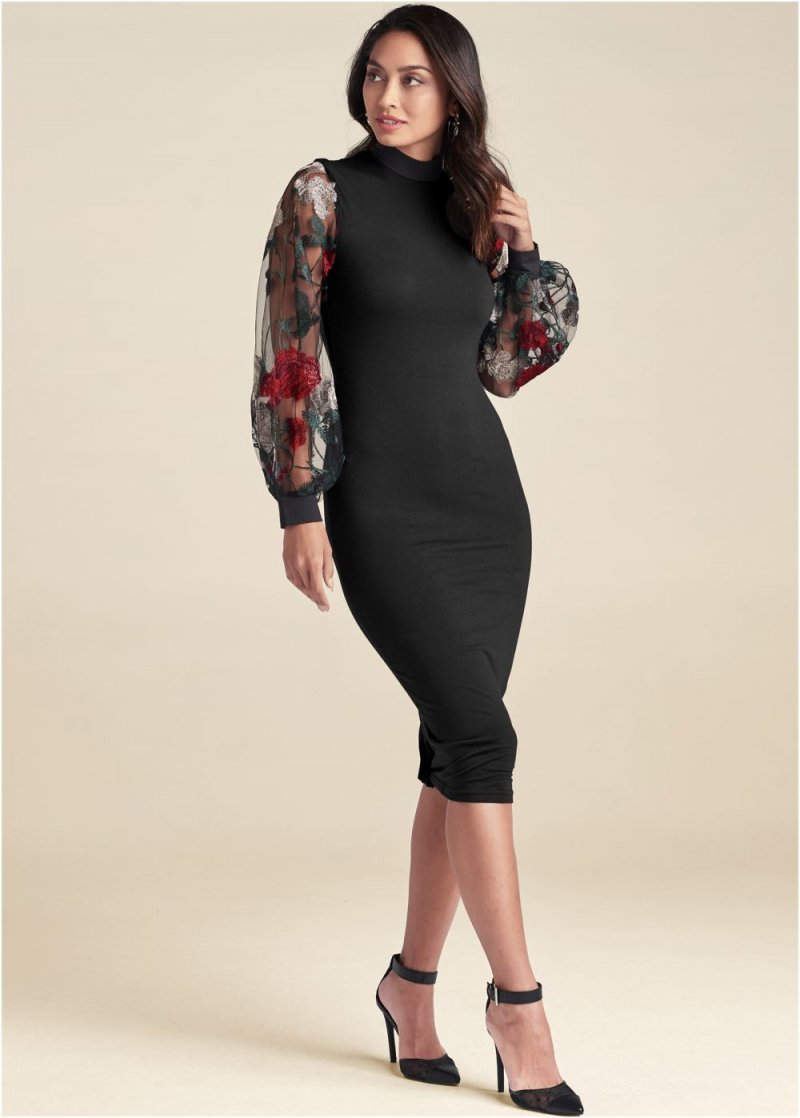 Venus Plus Size Embroidered Floral Puff Sleeve Dress