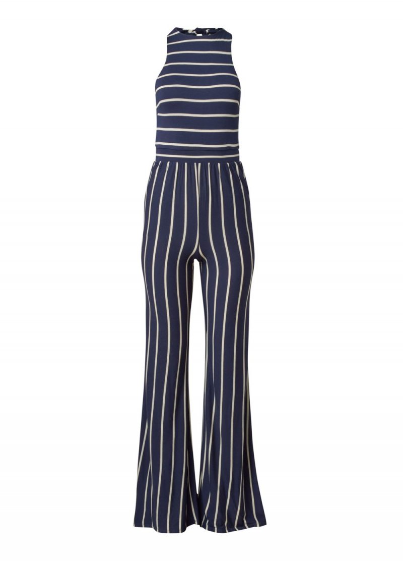 Venus Plus Size Striped Halter Jumpsuit in Navy & White