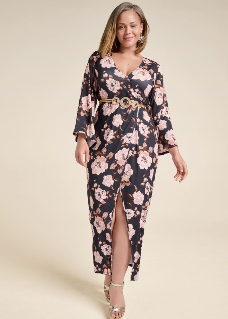 Venus Plus Size Fall Floral Print Kimono Dress