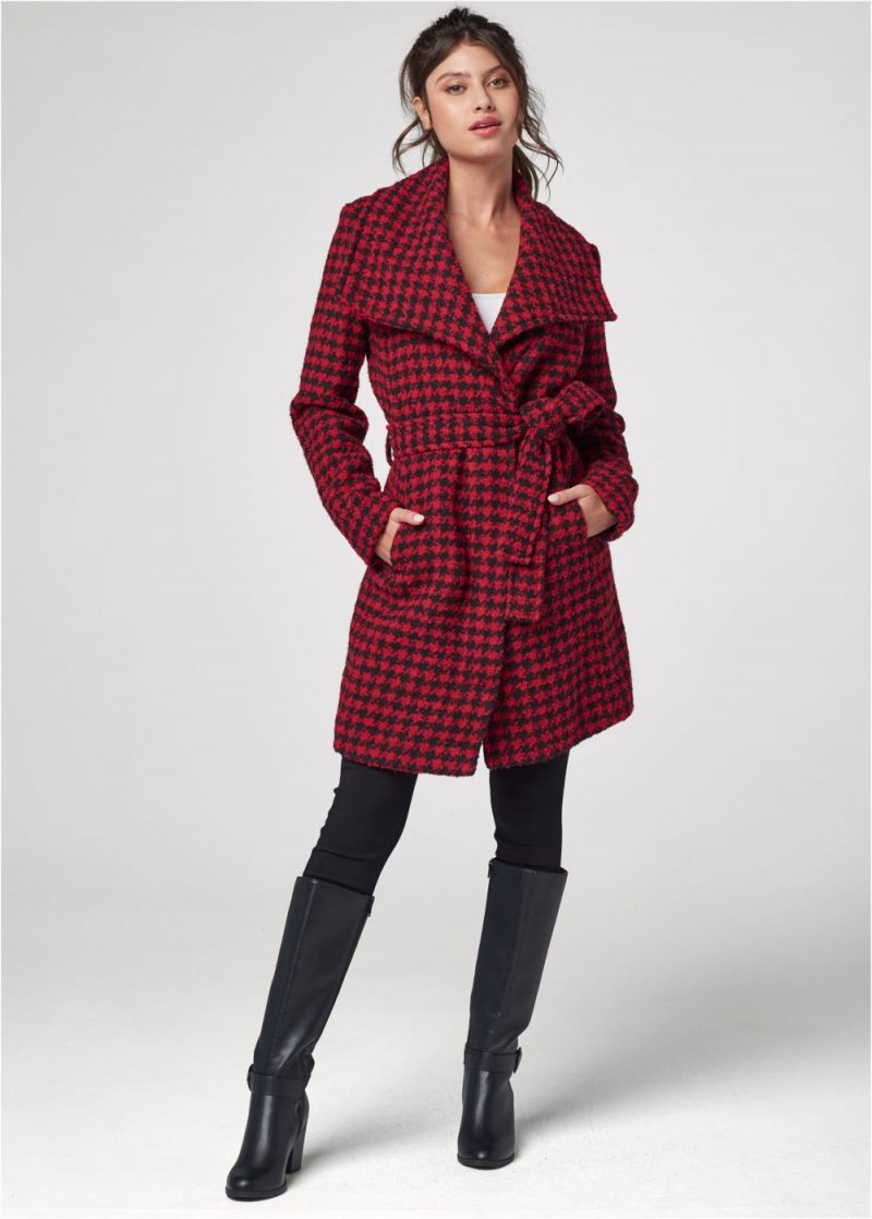 Venus Belted Houndstooth Coat in Red & Black