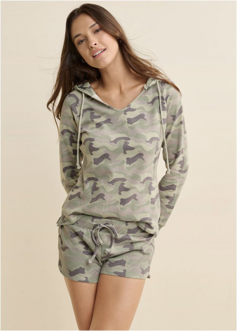 Venus Lounge Hoodie Shorts Set - Green Multi