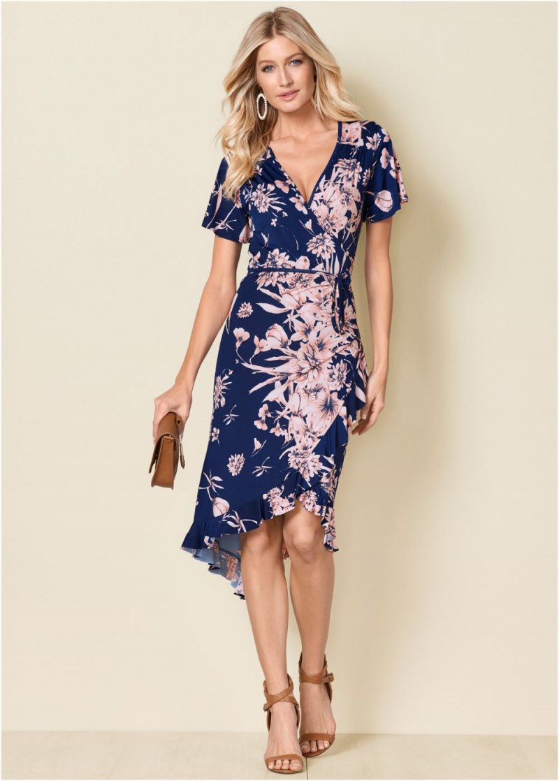 Venus Floral Print Wrap Dress - Navy Multi