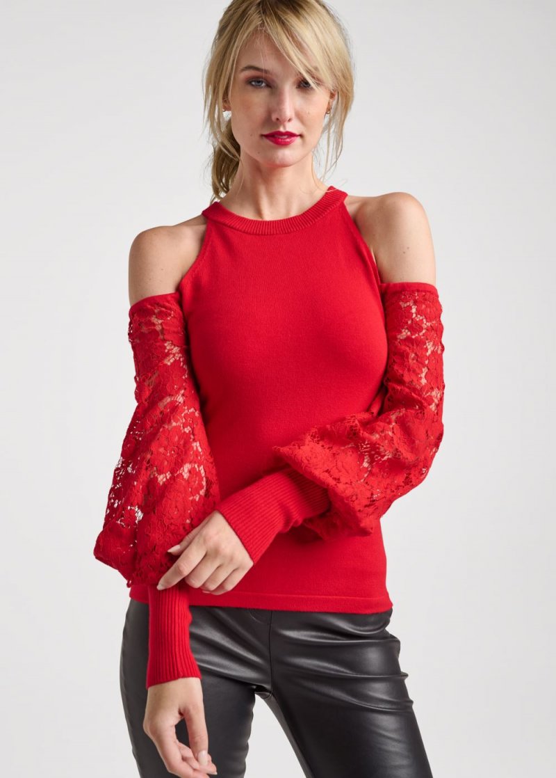 Venus VENUS | Cold-Shoulder Lace Sweater in Red