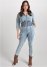 Venus Plus Size Acid Wash Smocked Jumpsuit in Cool Wash