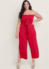 Venus Red SMOCKED TIE-FRONT JUMPSUIT