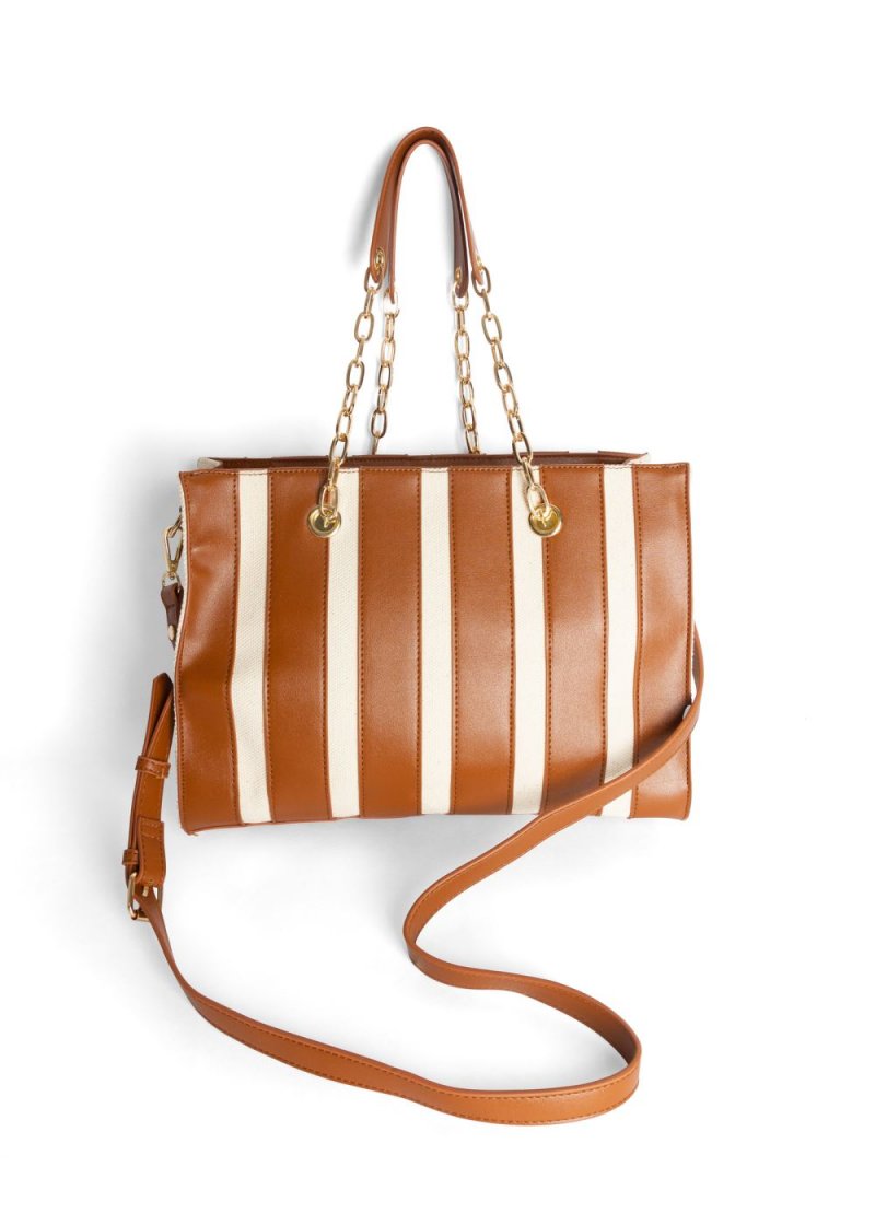 Venus Canvas Striped Tote Bag in Cognac