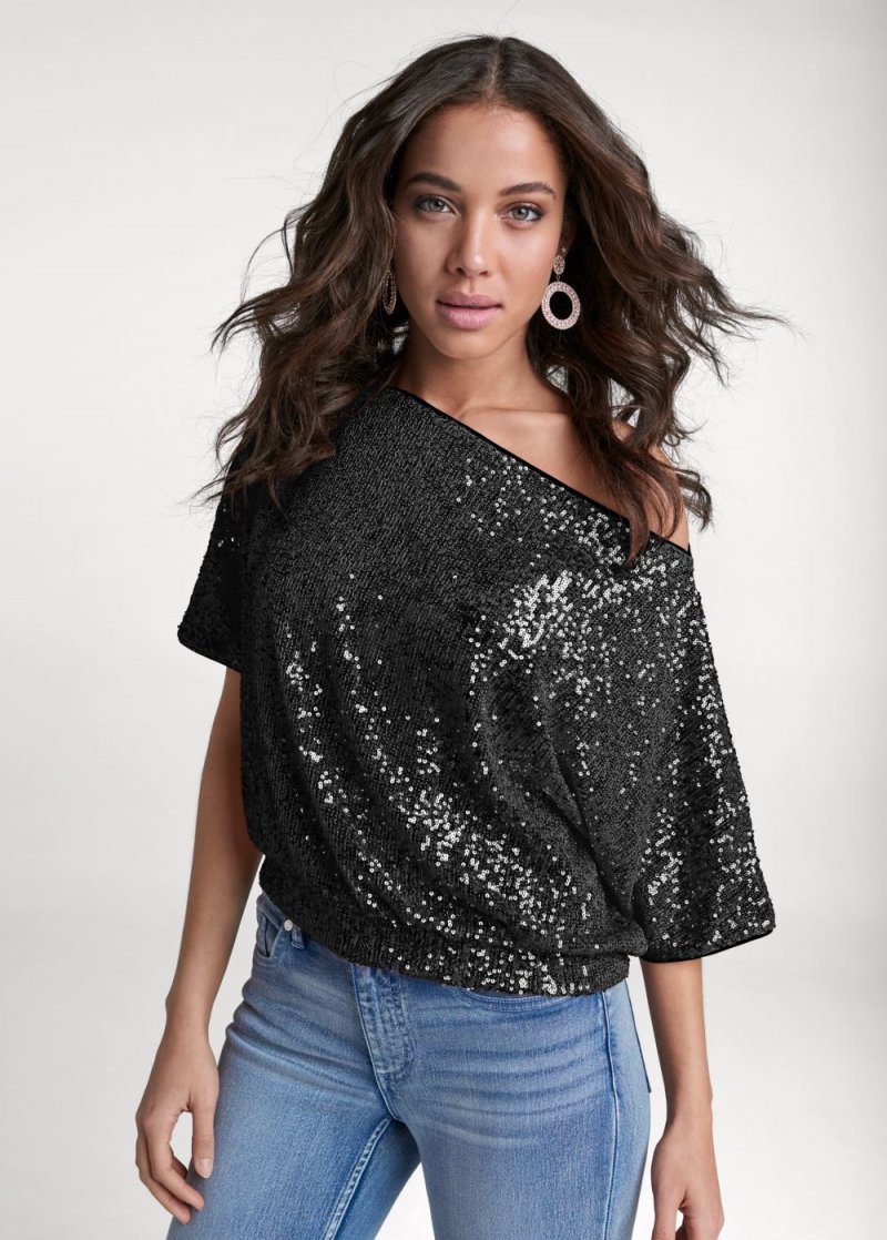 Venus Off-The-Shoulder Sequin Top in Black