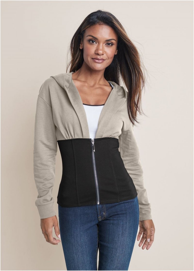 Venus Two Tone Zip-Front Sweatshirt in Black & Grey