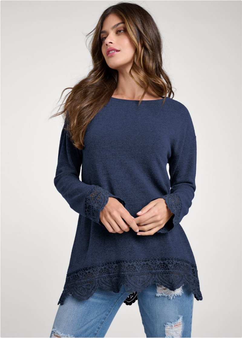 Venus Lace Trim Cozy Knit Top in Navy