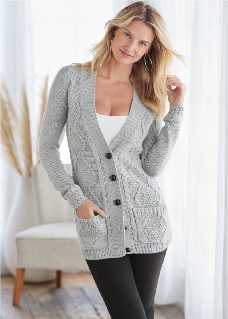 Venus VENUS | Button-Front Knit Cardigan in Light Grey