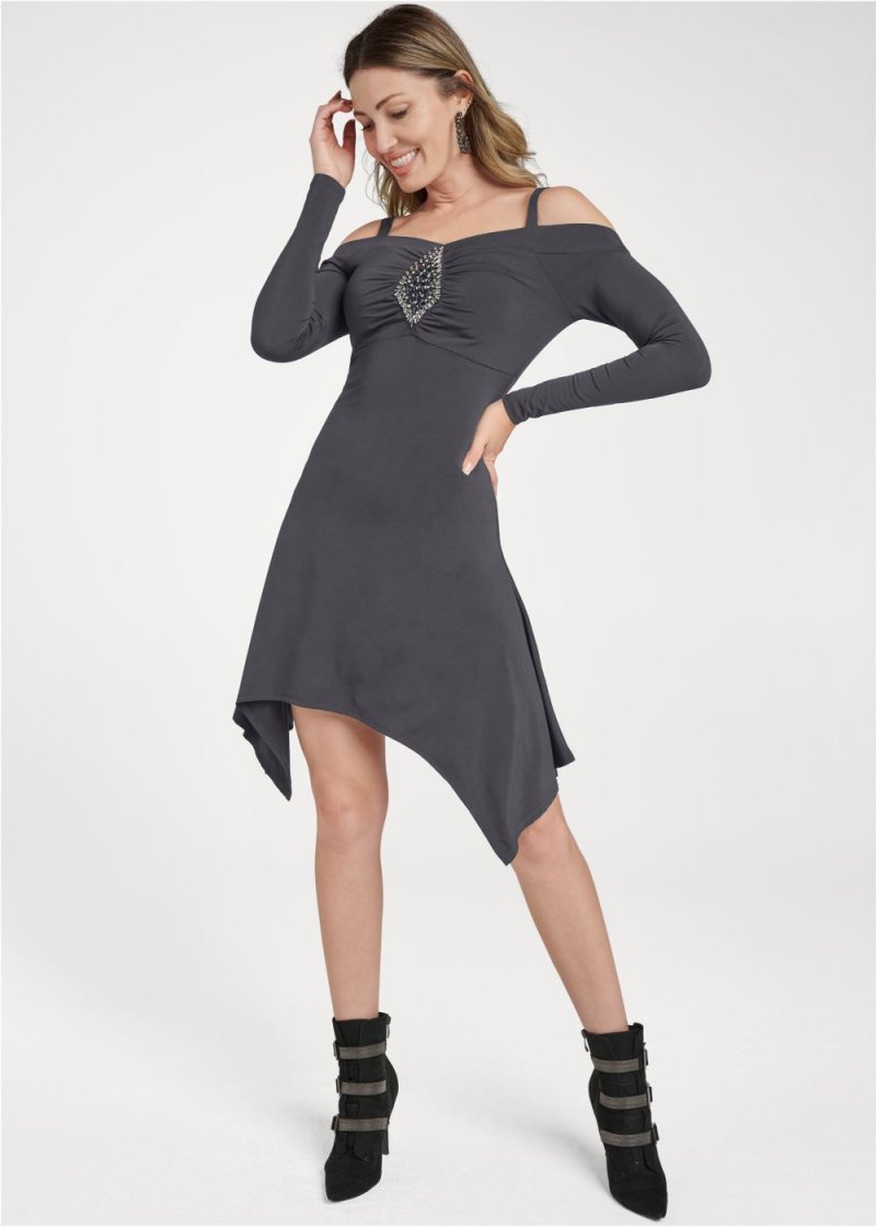 Venus Dark Grey COLD SHOULDER EMBELLISHED DRESS Venus Dark Grey COLD SHOULDER EMBELLISHED DRESS