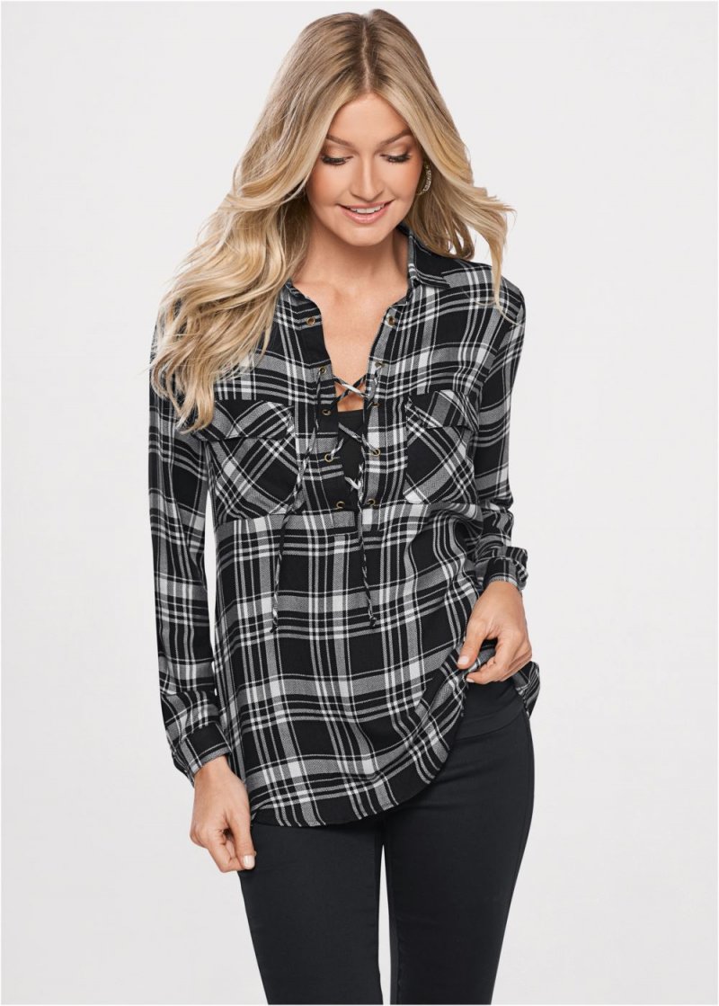 Venus Plaid Lace-Up Top in Black Multi