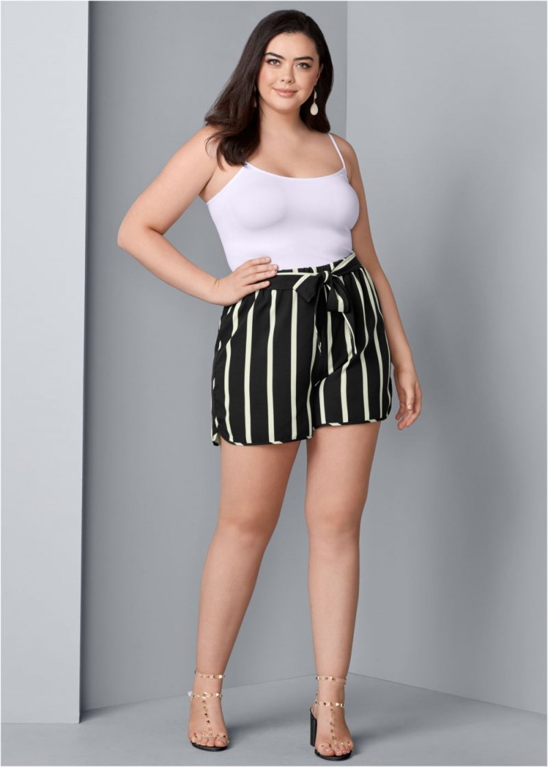 Venus Plus Size Belted Stripe Shorts - Black & White