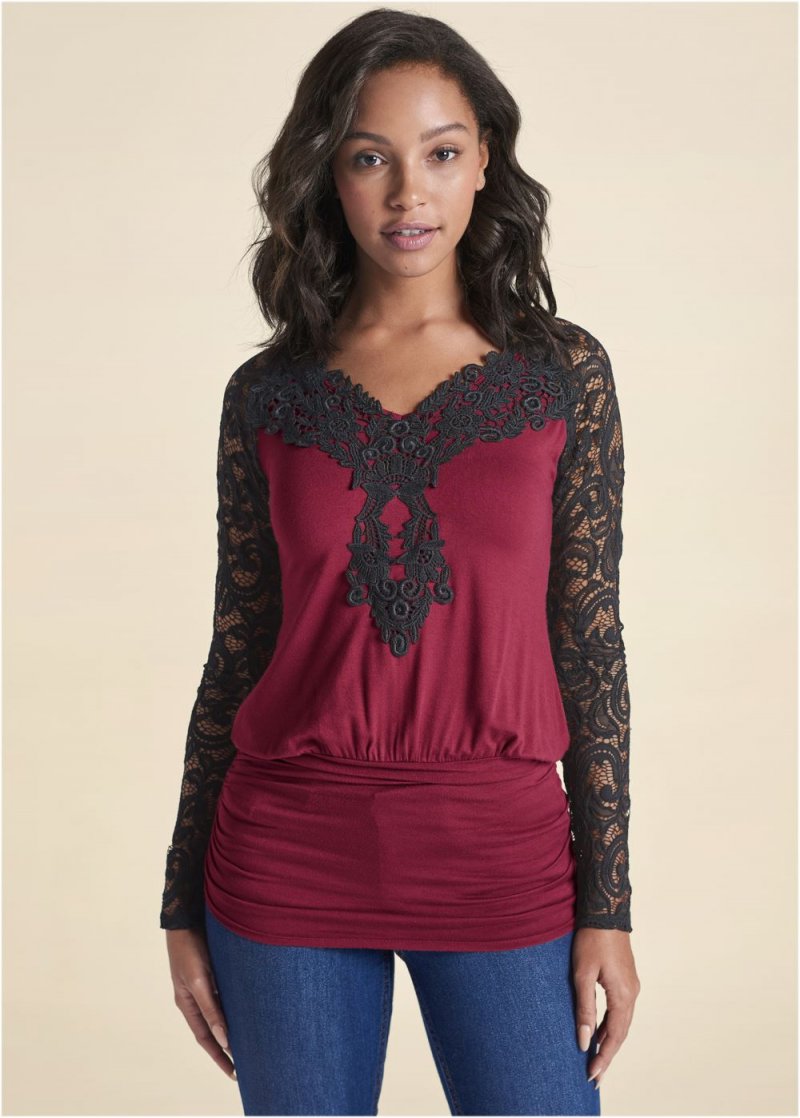 Venus Lace Detail Ruched Top in Wine Multi