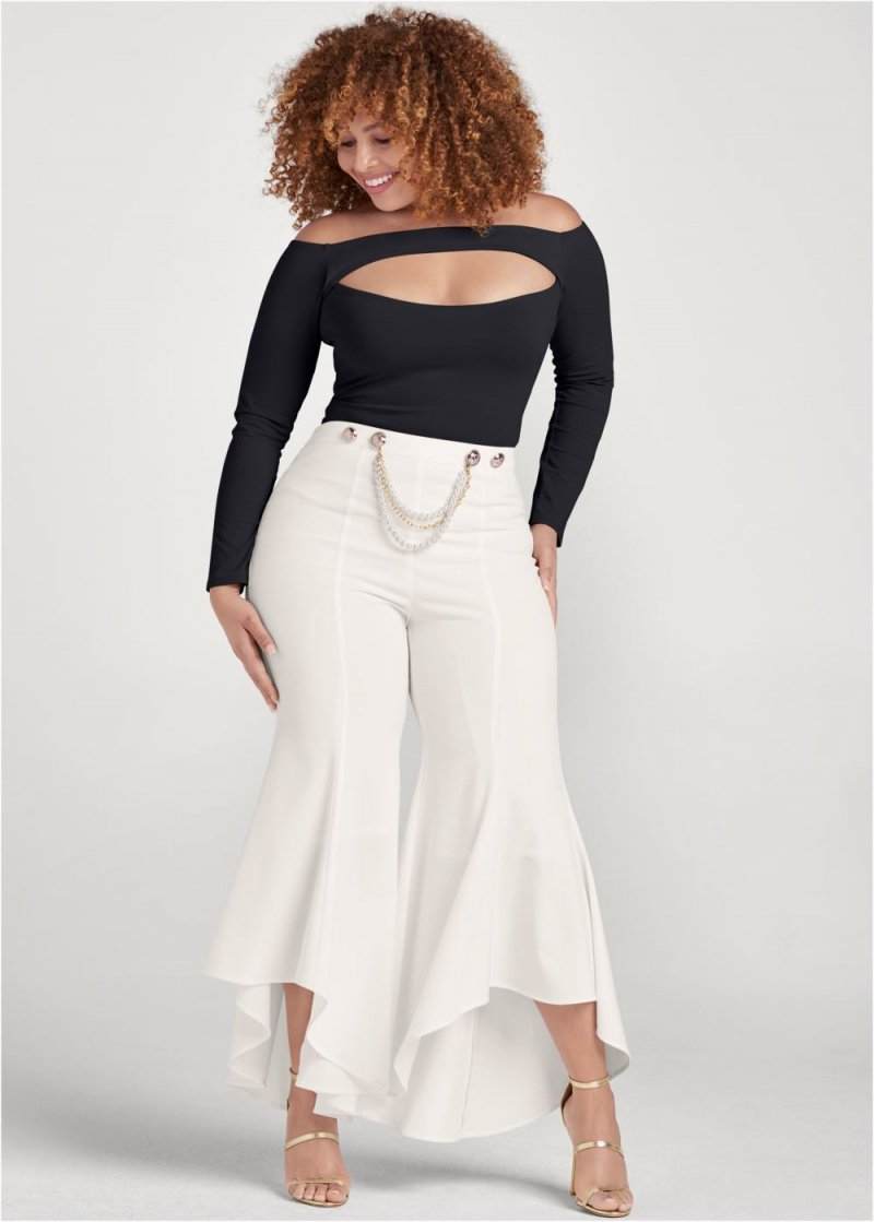 Venus Plus Size Ruffle Hem Pants With Removable Trim in Off White