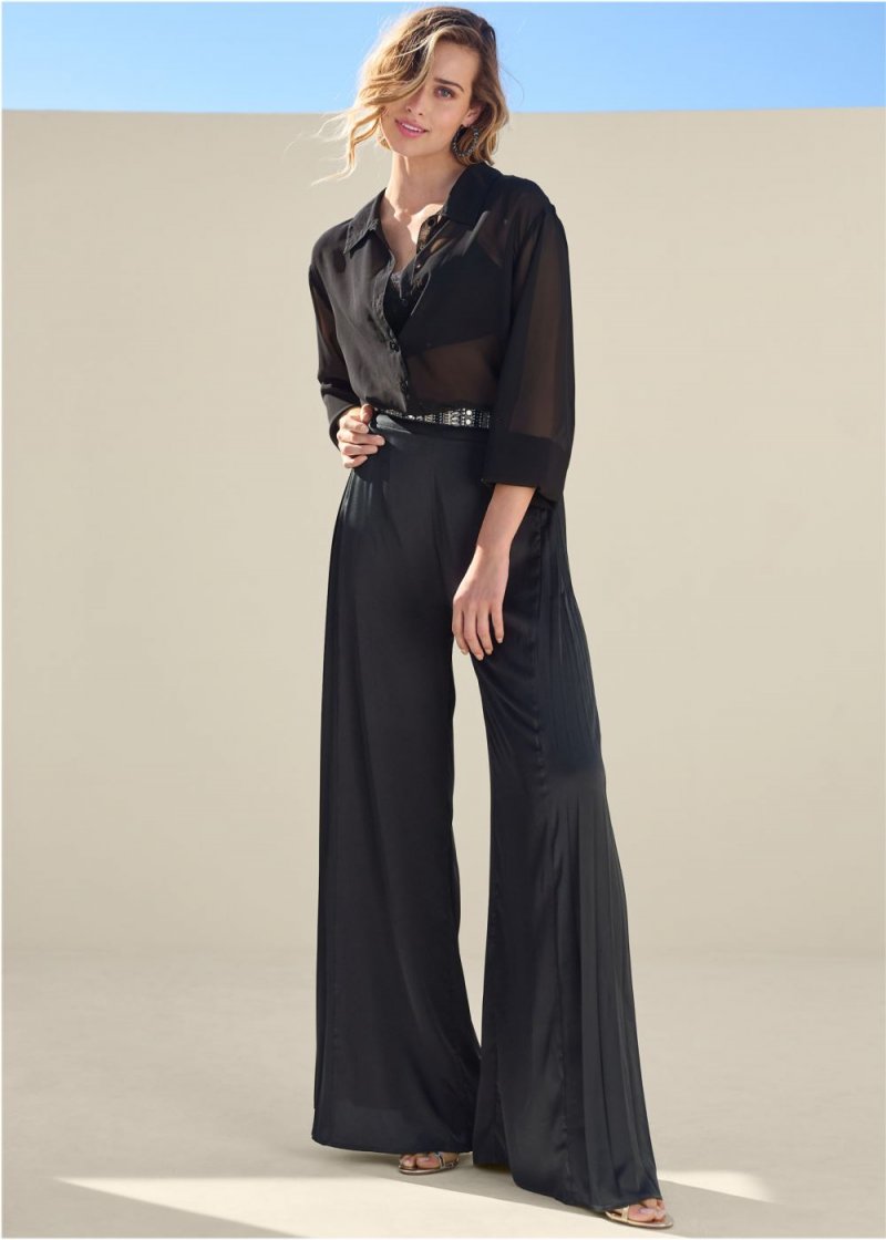 Venus Side Pleat Wide Leg Pants in Black