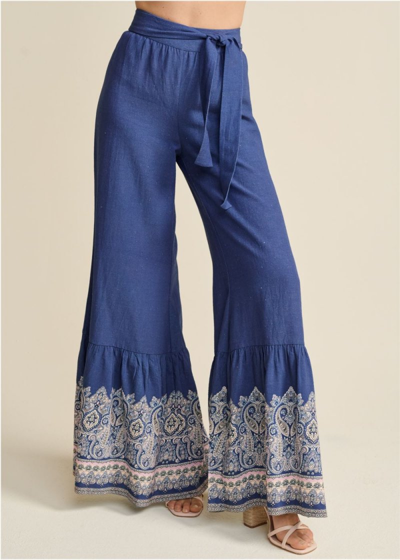 Venus Plus Size Linen Border Print Pants in Navy Multi