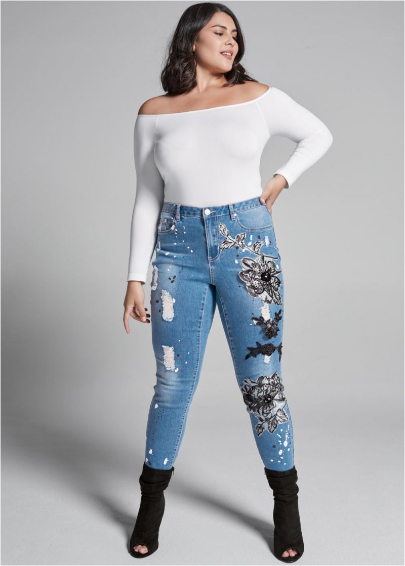 Venus Medium Wash FLORAL APPLIQUE SKINNY JEANS