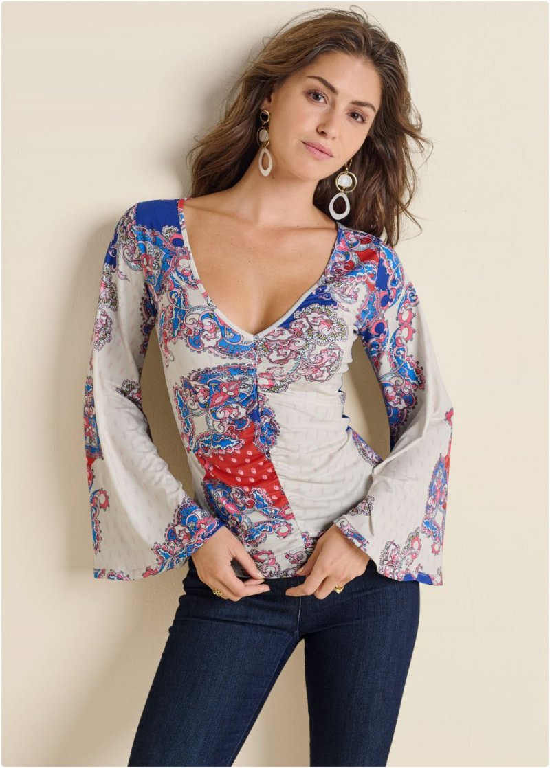 Venus Ruched Printed Top in Red Multi