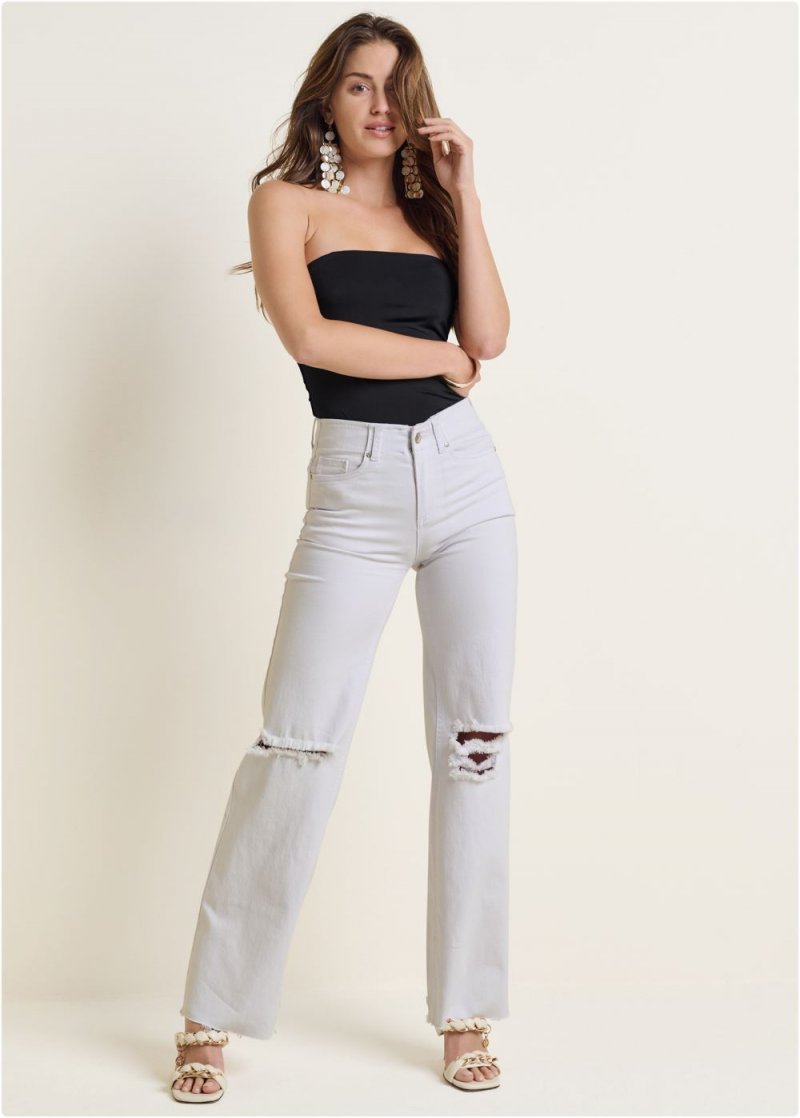 Venus Plus Size Elastic Waist Wide-Leg Jeans in White Denim