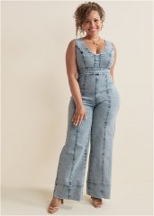 Venus Plus Size Stretch Denim Jumpsuit in Acid Wash