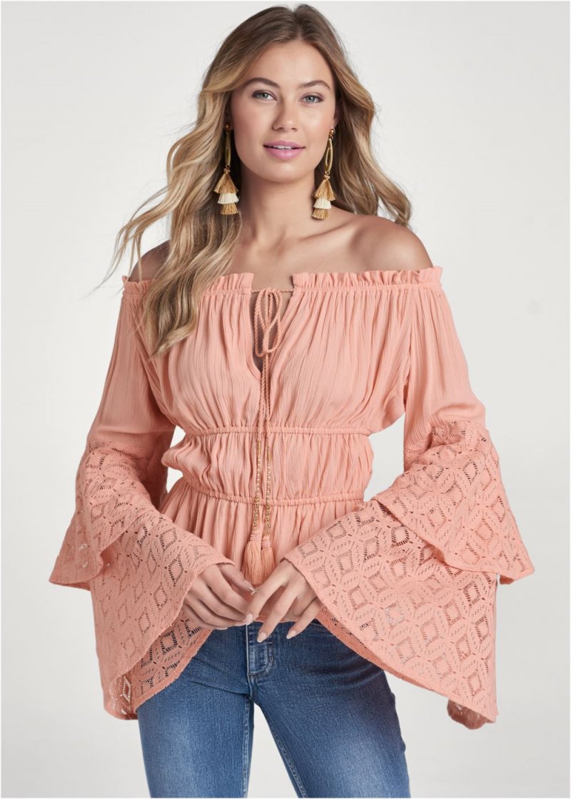 Venus Lace Bell Sleeve Top in Burnt Coral