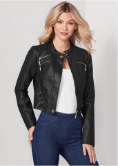 Venus Faux-Leather Lace-Up Jacket in Black