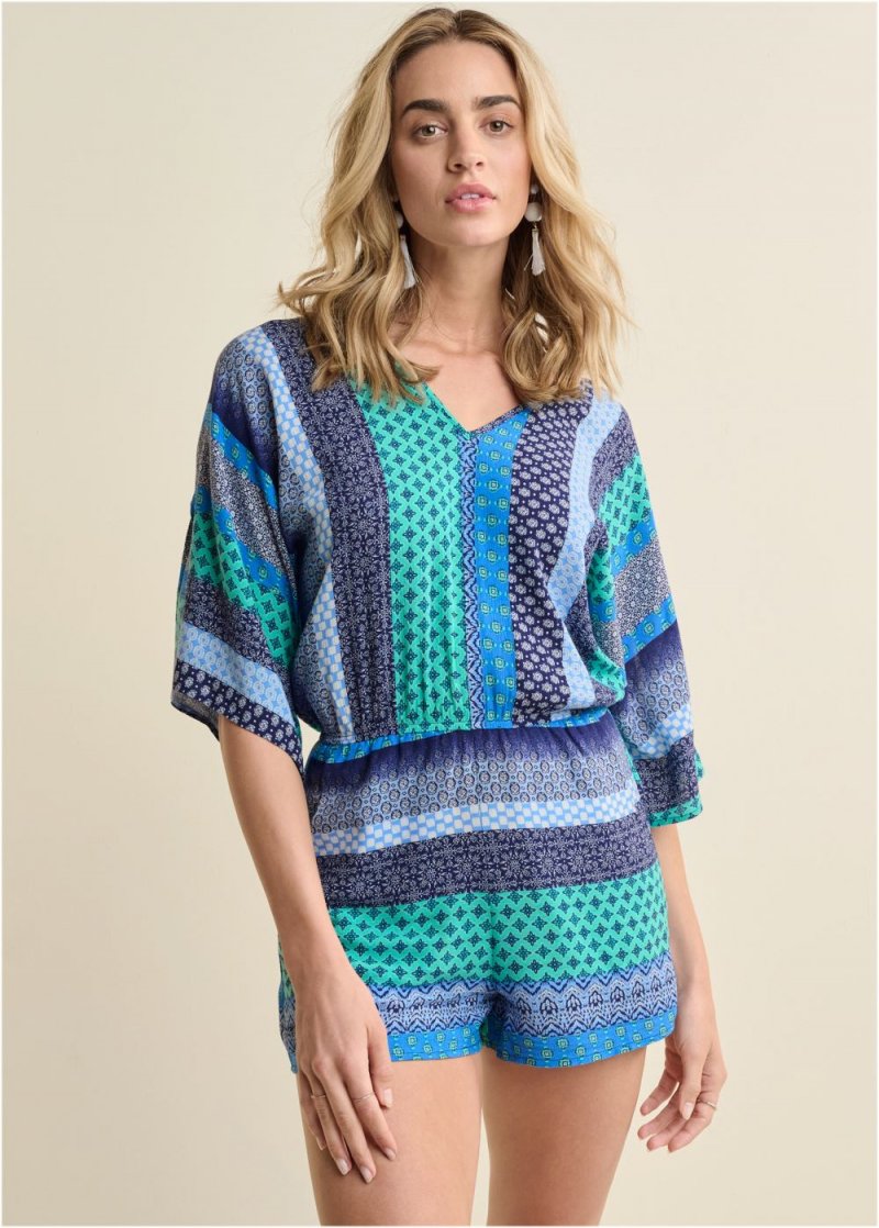 Venus Mixed Print Romper in Green Multi