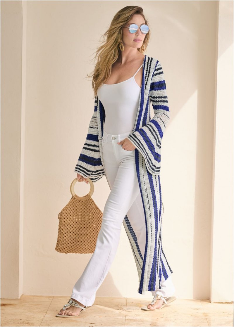 Venus VENUS | Striped Duster Cardigan in White Multi