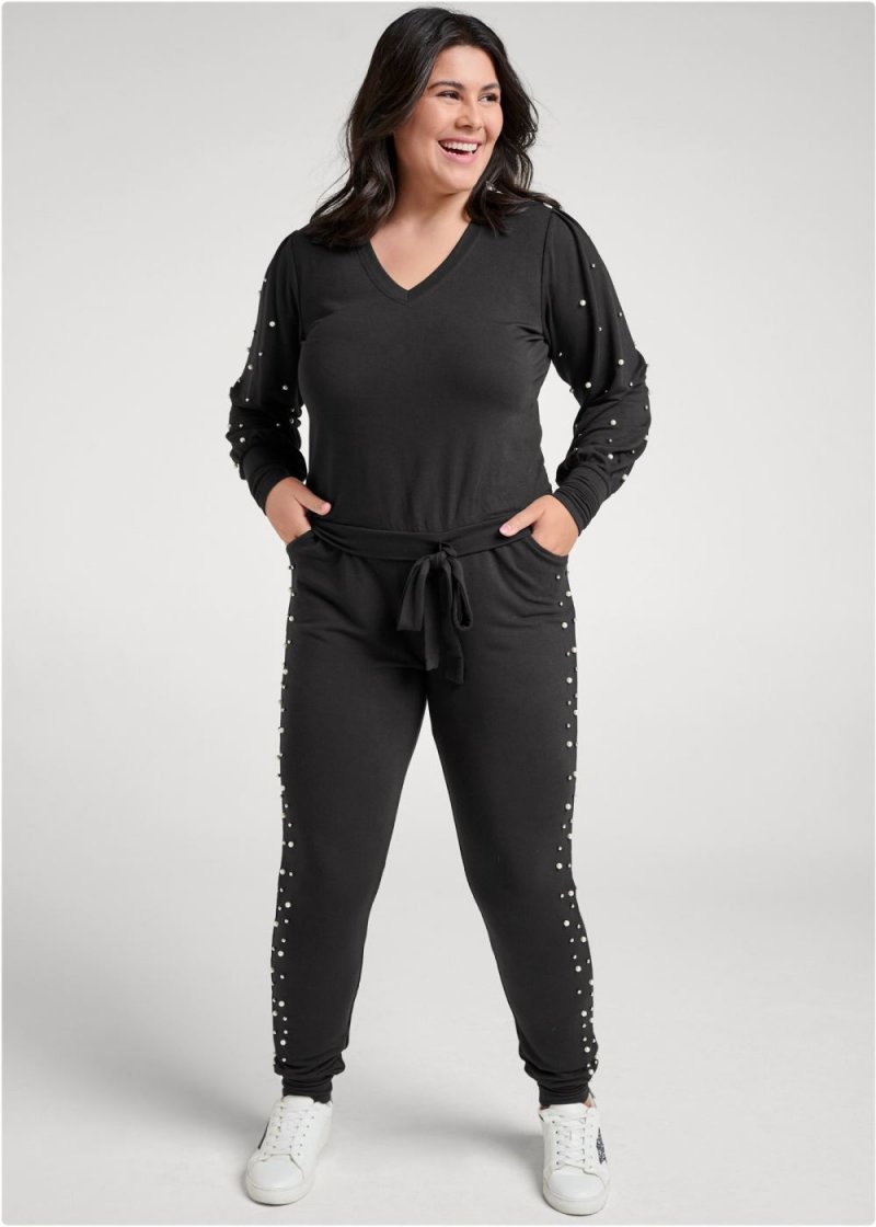 Venus Plus Size Pearl Detail Lounge Pant Set in Black