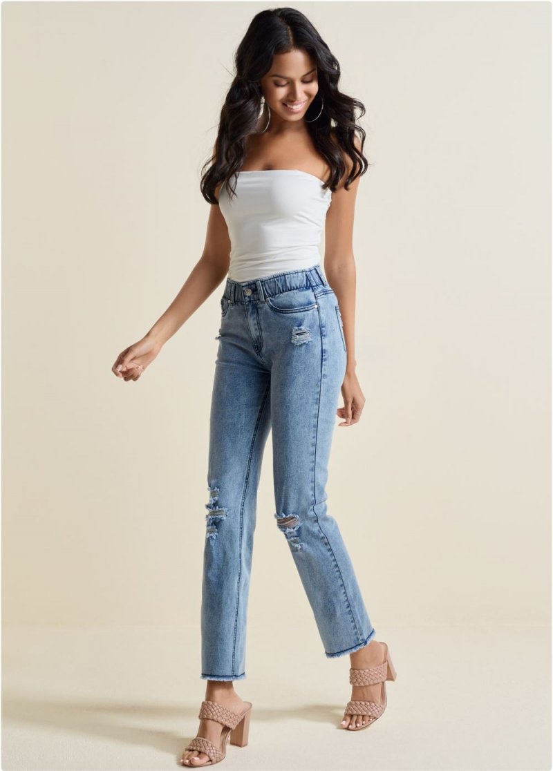 Venus Elastic Waist Straight Jeans in Acid Wash