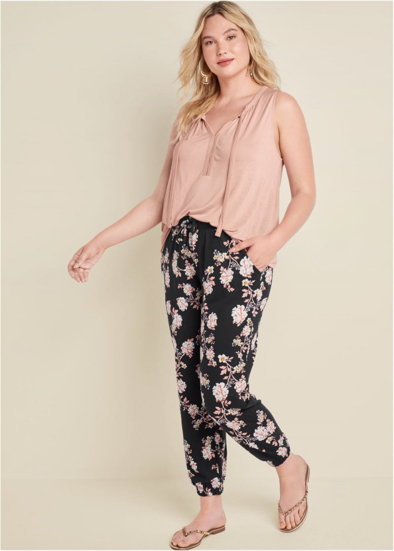 Venus Plus Size Floral Printed Pants in Black