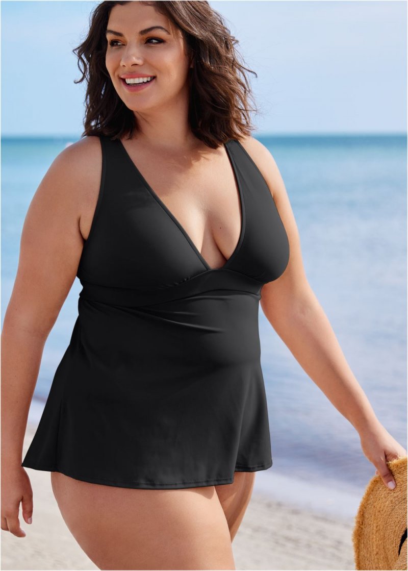 Venus Plus Size Sleek Flowing Tankini Top Bikini - Black Beauty