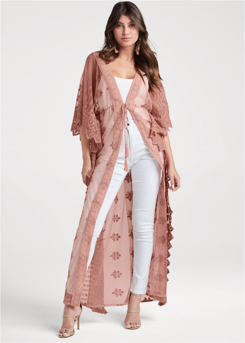 Venus Mesh And Lace Kimono in Rose