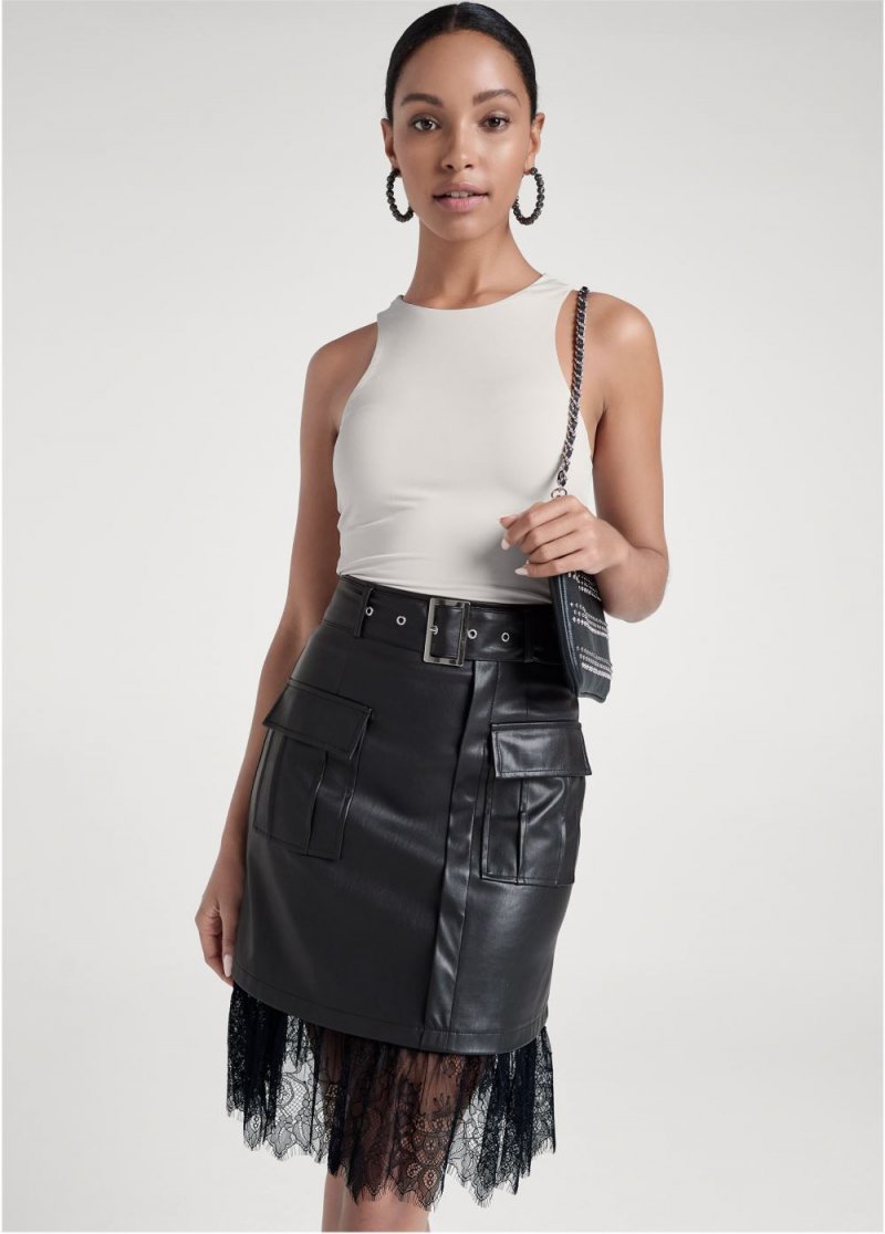 Venus Belted Lace Faux Leather Skirt - Black
