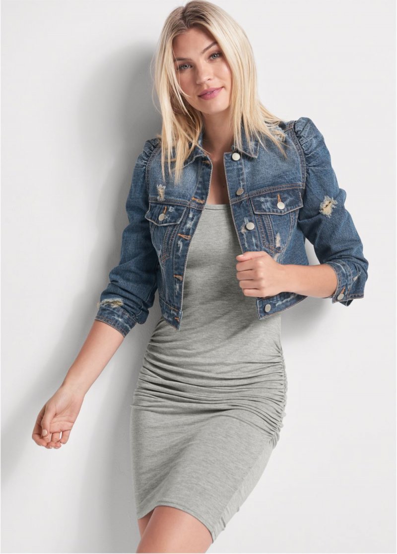 Venus Cropped Puff Sleeve Denim Jacket in Medium Wash